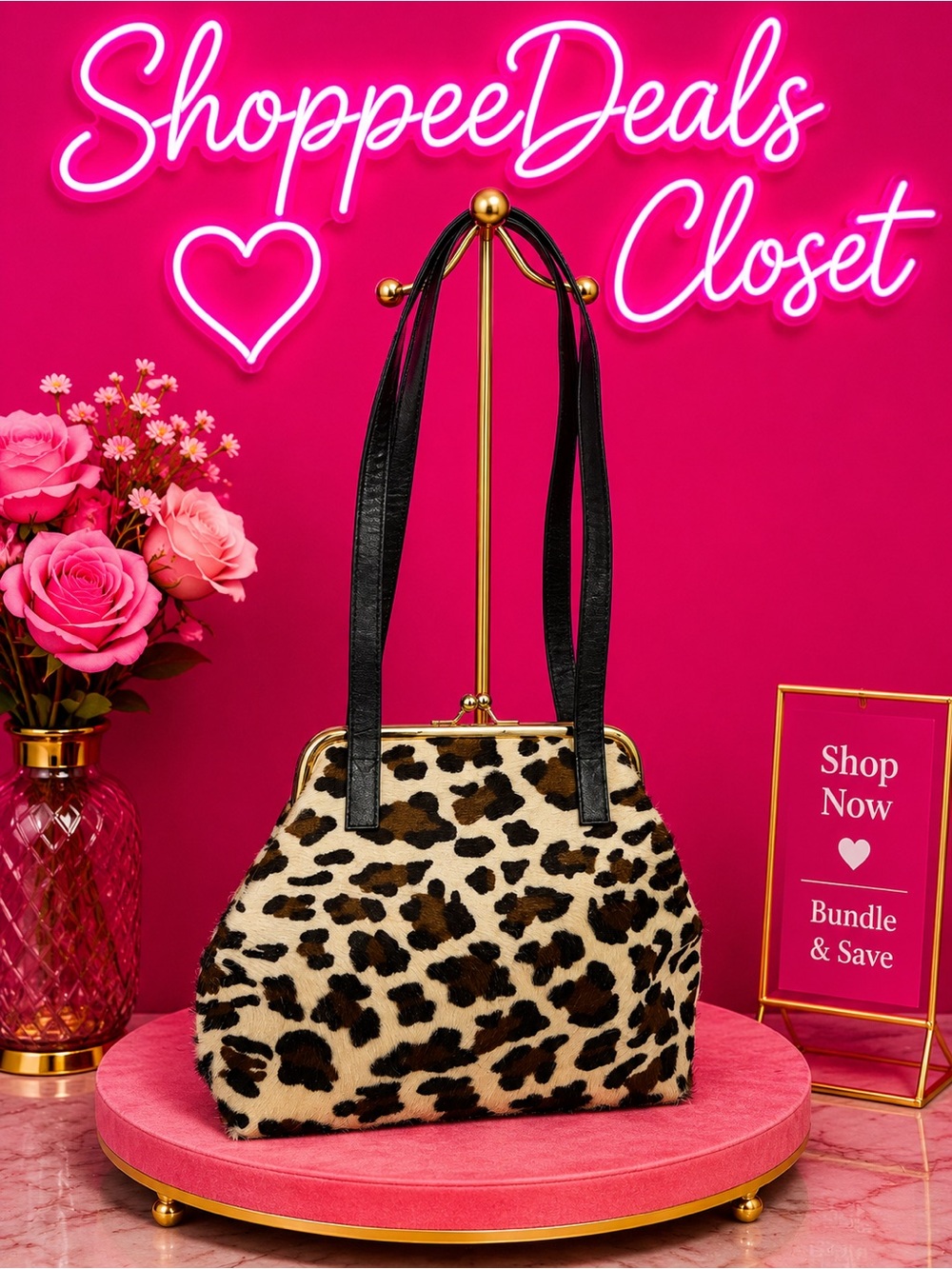 CEE Klein Leopard Print Pony Hair Kiss Lock Shoulder Bag Black Gold Y2K